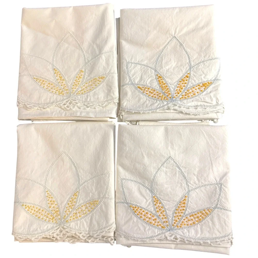 Vintage White Cotton Pillowcase Set 4 Hand Embroidered Lotus Flower Crochet Lace